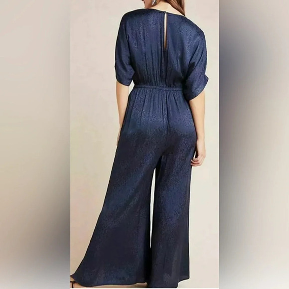 NEW Maeve Anthropologie Jacqueline Jacquard Romper Jumpsuit Navy Blue flowy USS - Picture 2 of 7